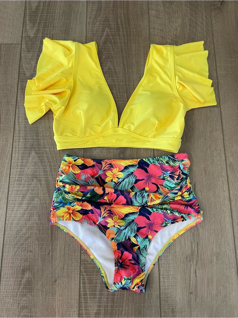 Yellow Ruffle-Sleeve Bikini Top with Tropical High-Waist Bottoms